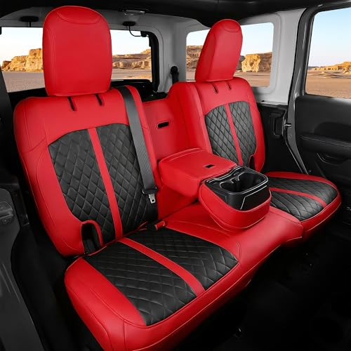for Jeep Wrangler Seat Covers 4Door JL 2018 2019 2020 2021 2022 2023 2024 2025, Custom Fit Car Seat Cover Full Set, Luxury Waterproof Leather Seat Protectors, Red Black, with Rear Cup Holder