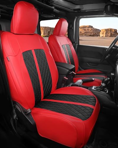 for Jeep Wrangler Seat Covers 4Door JL 2018 2019 2020 2021 2022 2023 2024 2025, Custom Fit Car Seat Cover Full Set, Luxury Waterproof Leather Seat Protectors, Red Black, W/O Rear Cup Holder