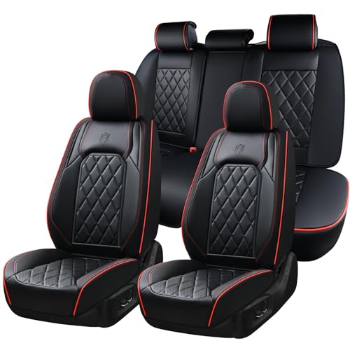 Coverado Car Seat Covers Full Set, Luxury Faux Leather Waterproof Seat Covers, Black Car Seat Covers, Universal Car Seat Protector Leather Car Seat Cushion, Carseat Cover Fit Most Cars, Black&Red