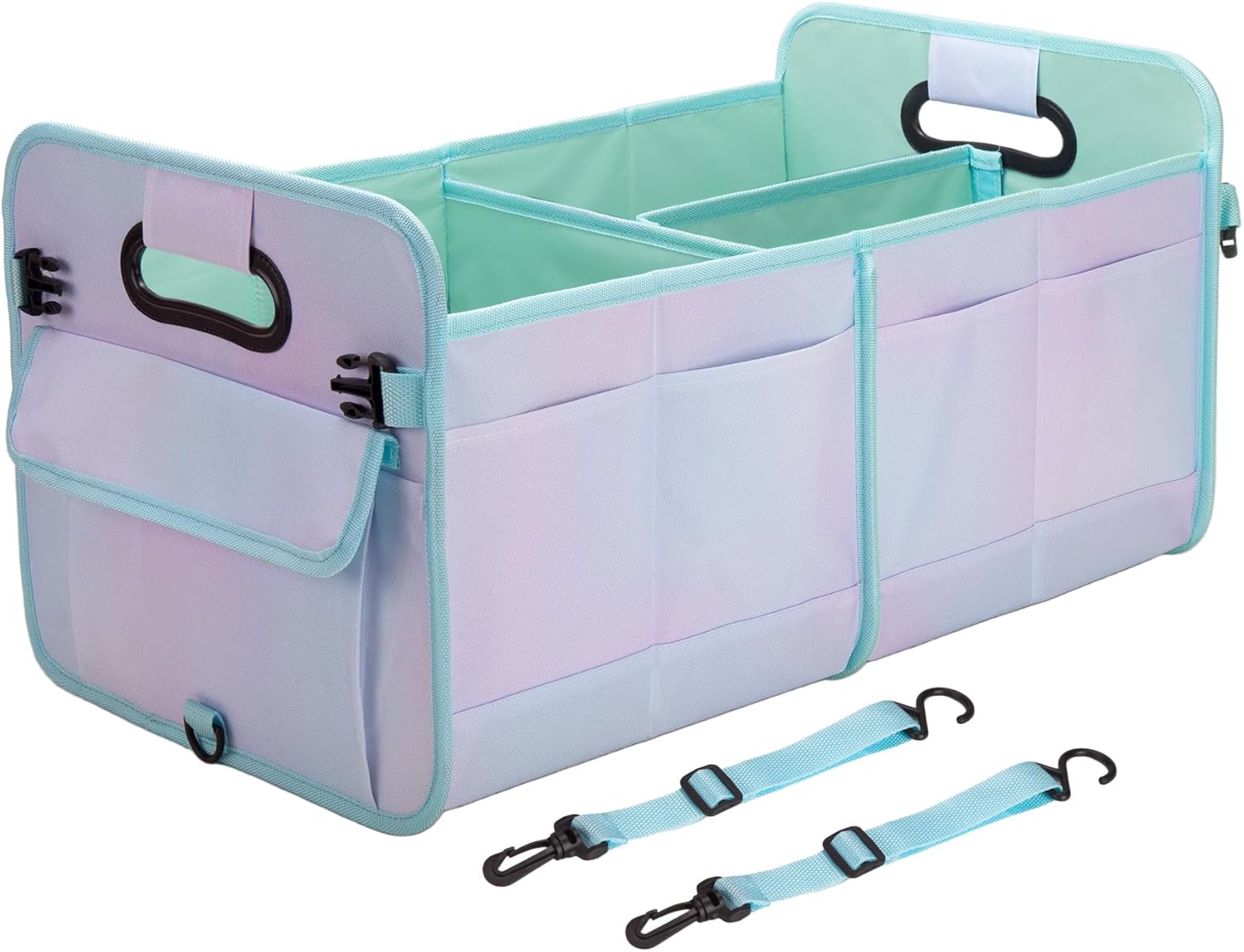 Trunk Organizer For Suv&Sedan,Car Organizers&Storage, Waterproof Collapsible & Adjustable Straps,70L Sturdy Car Organization for Car Accessories,Tools,Sundries,2-3Compartment(Colorful Green)