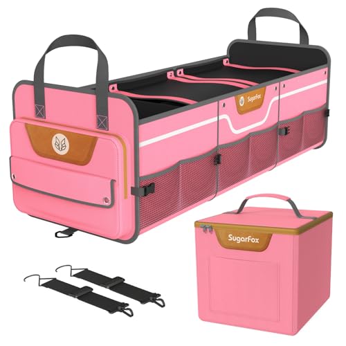 Car Trunk Organizer for SUV, Heavy Duty Waterproof Trunk Organizer, Foldable Collapsible Car Organizer with Cooler, Multi-Compartment Large Trunk Organizer (95L), Pink-M003