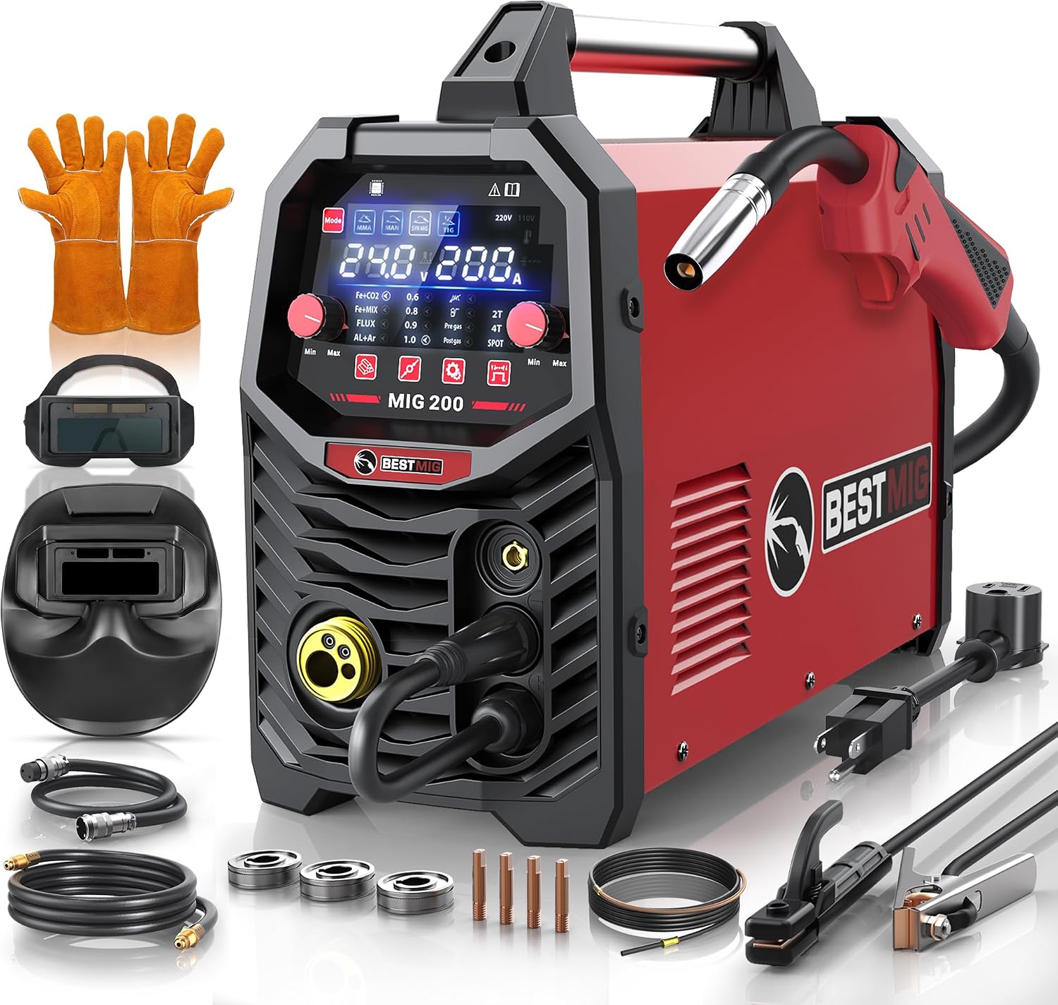BESTMIG 200A MIG Welder - 6-in-1 IGBT Inverter Welding Machine, Gas/Gasless Flux Core, Stick, Lift TIG, Spot & Spool Gun - Portable 110V/220V Equipment