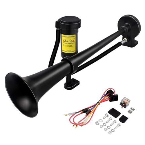 12V 150DB Car Air Horns, 18 Inches Chrome Zinc Single Trumpet Truck Air Horn with Compressor for Any 12V Vehicles Trucks Lorrys Trains Boats Cars (Black+Black tube)