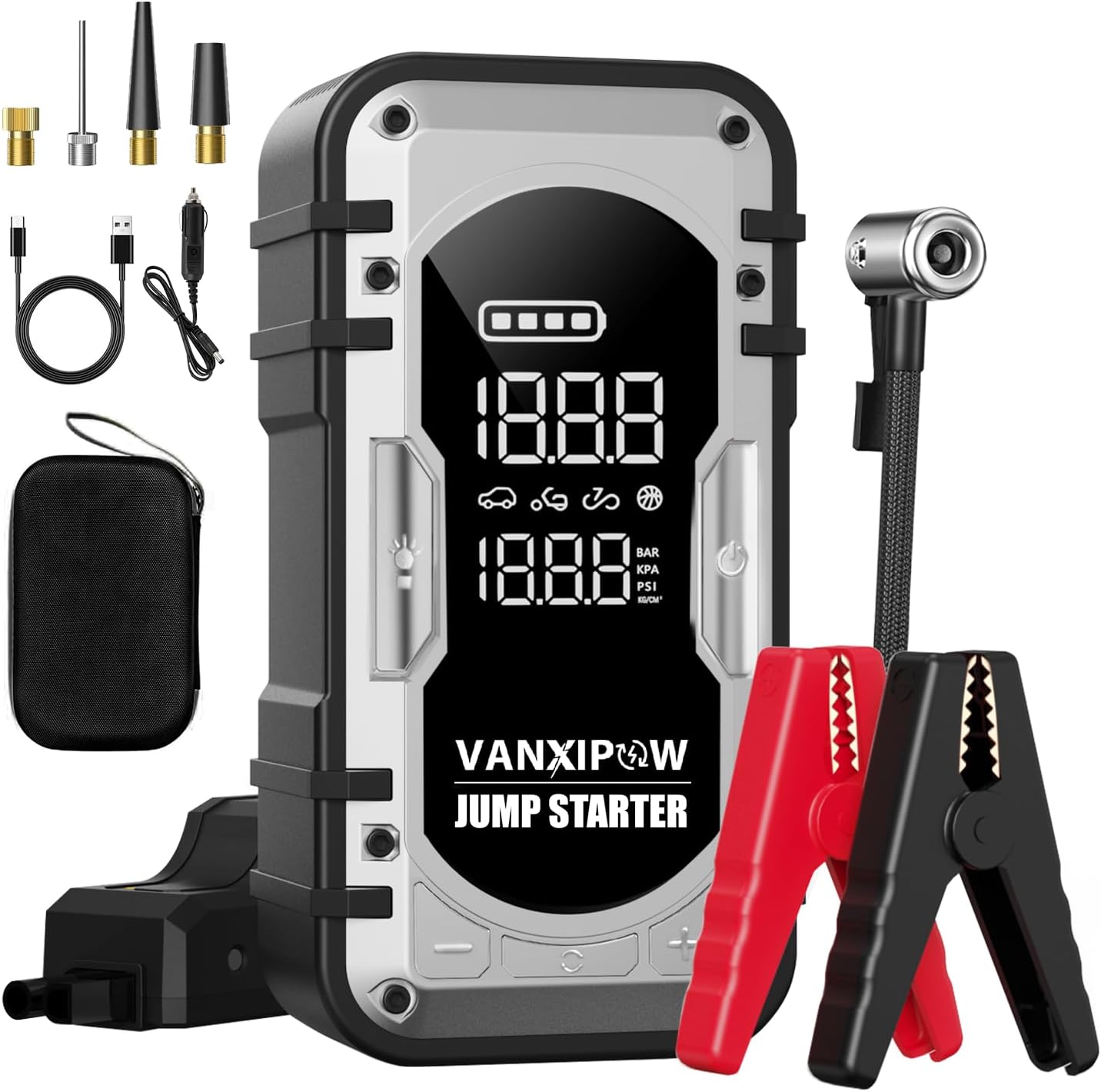 Portable Car Battery Jump Starter with Air Compressor, VANXIPOW 4500A 150PSI (9.0 L Gas/8.0L Diesel), 12V Jump Box Car Battery with 600 Lm LED Light, with Large LED Display, Power Bank