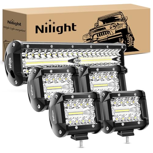 Nilight LED Light Bar 12 Inch 300W 4Pcs 4 Inch 60W Spot Flood Pods Off Road Driving Fog Work Lighting for Truck Tractor Pickup Boat SUV ATV UTV Car 4x4 Van Camper Motorcycle Dirt Bike Golf Cart