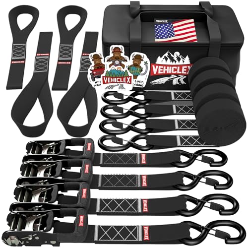 Vehiclex 1.5" x 15 ft 4,400 lb Heavy Duty Ratchet Tie Down Straps with Soft Loops  4PK for Cargo & Equipment  Black