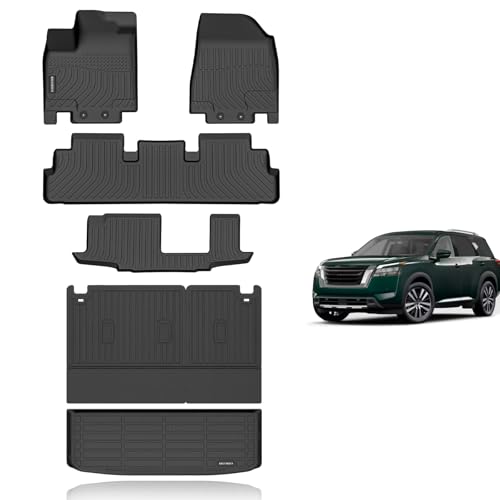 KELCSEECS Floor Mats & Cargo Liner with Seatback Mats Custom for Nissan Pathfinder 2022-2025 8 Seat/Infiniti QX60 7 Seat All Weather Protection TPE Floor Liners Full Set Pathfinder Accessories Black