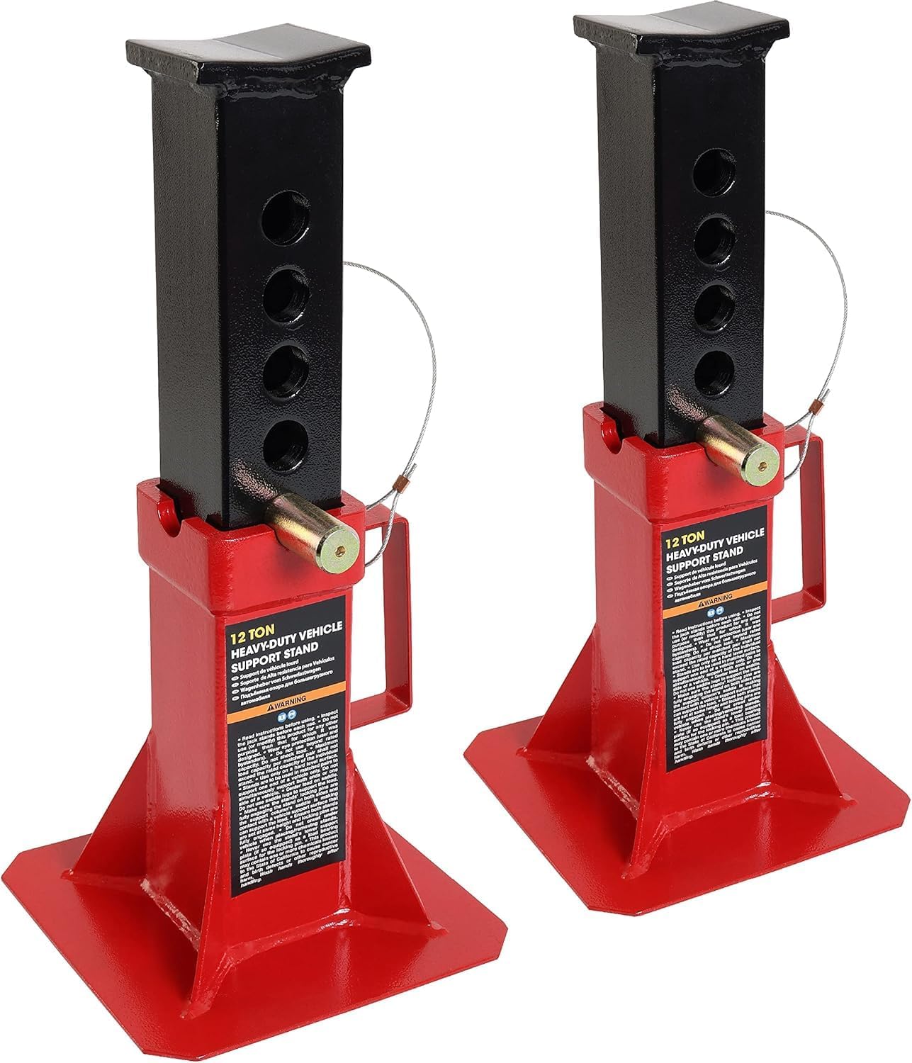 Torin 12 Ton Heavy Duty Pin Style Adjustable Height Automotive Jack Stands, Red, 1 Pair