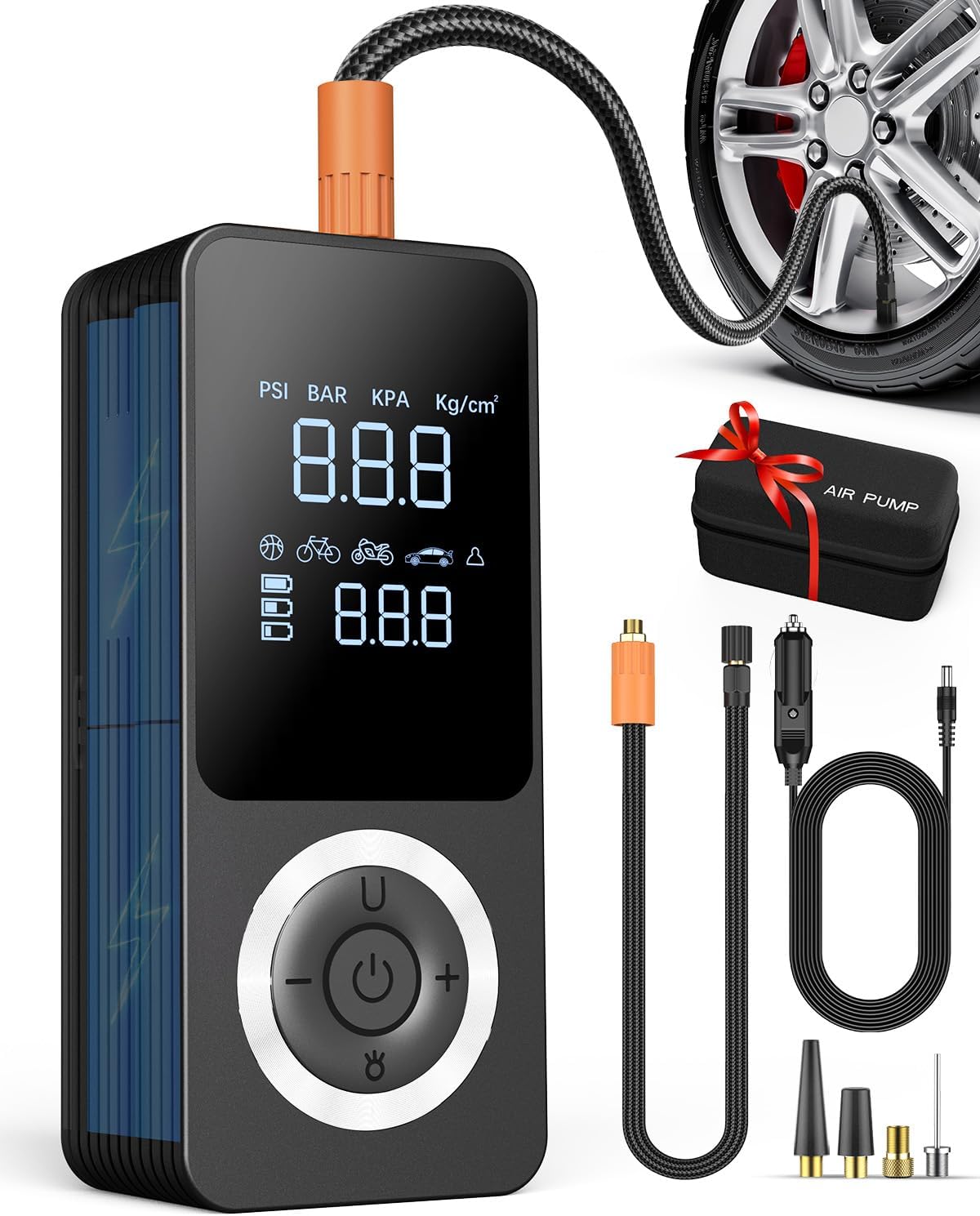 Cordless Tire Inflator Portable Air Compressor, Smart Air Pump for Car Tire with Digital Pressure Gauge, LED Light, 12V Car Power Adapter, Storage Box, Car, Motorcycle, Ball, BikePump