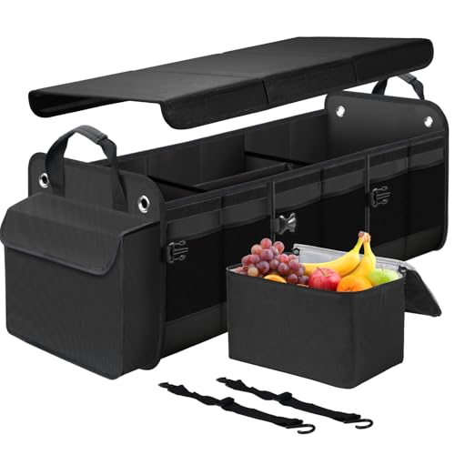 Large Trunk Organizer for Car, SUV, Truck with Removable Cooler Bag-Collapsible Multi Compartments w/Foldable Cover, Non Slip Bottom Cargo Storage (Black)