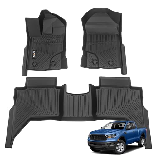 AIPOIL Floor Mats for 2019-2023 Ford Ranger SuperCrew Cab All Weather Protection TPE Anti-Slip Automotive Full Set Custom Car Mats Accessories - Black