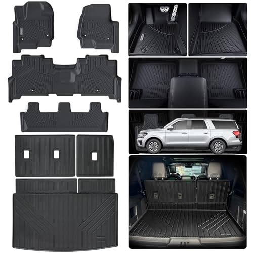 Floor Mats for Ford Expedition MAX 2018-2023 2024 (Only Fit Max 8 Seats / 2nd Row Bench Seat) with Cargo Liners,TPE All Weather Protection Floor Liners with Trunk Mat Covering The Backrest