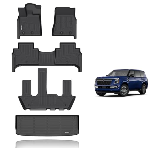KELCSEECS Floor Mats & Cargo Liner Custom for Nissan Armada/Infiniti QX80 2025 7 Seats Bucket Seat Waterproof All Weather Mats Guard Automotive Liners Front& Rear& 3rd Row Full Set Accessories Black