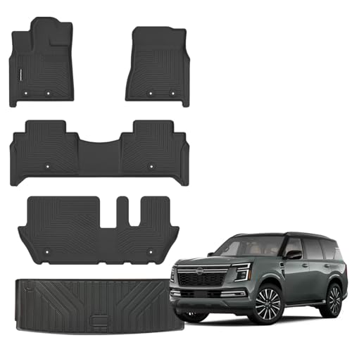 Floor Mats for 2025 Nissan Armada 8 Seats Upgrade Trunk Mat All Weather Floor Liners TPE Rubber Cargo Liner Fit for Nissan Armada 2025 Anti-Slip Full Set Automobile Mats Accessories