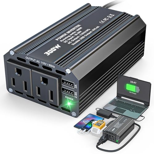 300W Power Inverter DC 20V to AC 110V Compatible with Dewalt: LIVOWALNY Battery Inverter Charger Adapter Power Converter with 2 AC & 2 USB Ports for Car, Vehicles, Laptop, Phone, String Light, Fan