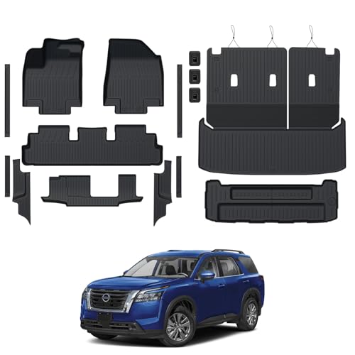 Floor Mats Set for 2022-2025 Nissan Pathfinder 7/8 Seats Accessories, Full Coverage All Weather Floor Mats Cargo Mat with Backrest Protectors - Includes Trunk Lower Mat & Door Sill Guards