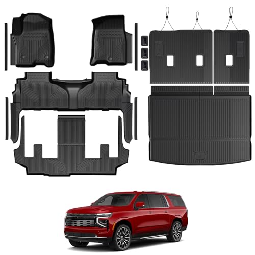 Floor Mats Set for 2021-2025 Chevy Suburban 7 Seats/GMC Yukon XL Accessories, Full Coverage All Weather Floor Mats Cargo Mat with 3rd Row Backrest Protectors & Door Sill Guards
