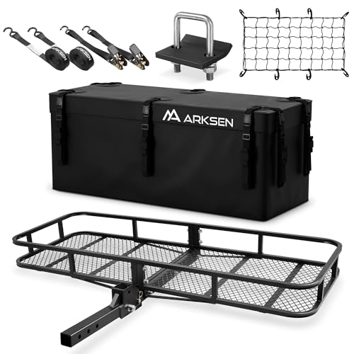 ARKSEN 60 x 23 x 5.5 Inch Folding Hitch Cargo Carrier with Cargo Bag & Net, 2 Ratchet Straps, Hitch Stabilizer, 500 Lbs Capacity Heavy Duty 2 Inch Receiver Luggage Basket for SUV, Pickup Truck