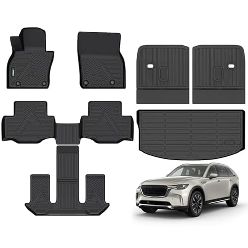 ANBINGO Floor Mats & SeatBack Cargo Liner | CX90 2024-2025 6 Passenger | 2nd Row with Bucket Seat or Captain Seat | (50/50 Velcro Tape Fixed Backmats) TPE 3 Rows Waterproof Car Mat