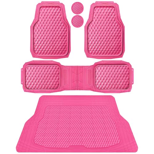 CAR PASS Heavy Duty Rubber Hot Pink Car Floor Mats & Cargo Liners, Deep Dish All-Weather Trunk Mats Durable Anti-Slip 3D Rhombus Waterproof Trim to Fit Liner Universal Fit Auto,Sedan,SUV,Truck, Pink