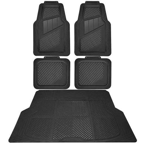 CAR PASS Heavy Duty Rubber Floor Mats Gray Car Mats Full Set with Trunk Cargo Liner - Universal Waterproof Floor Mats for Car SUV Truck, Durable All Weather Automotive Liner Mats (All Black)