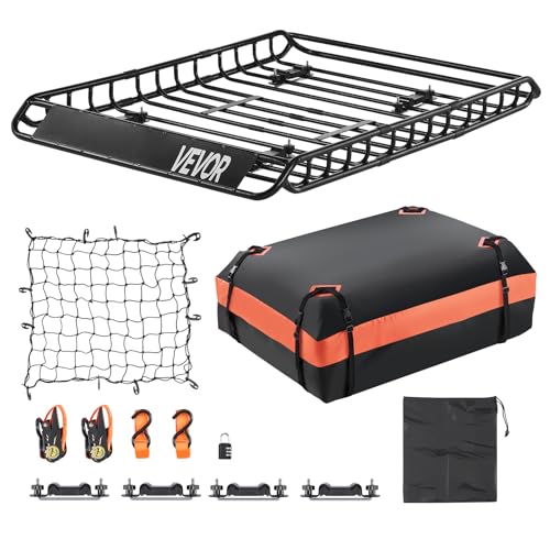 VEVOR Roof Rack Basket, 51 x 36 x 4.1 in, Universal Rooftop Cargo Carrier with 1120 x 870 x 260 mm Cargo Bag, Net, Ratchet Straps, 200 lbs Max Load Capacity Car Top Luggage Holder, for SUV Truck Car