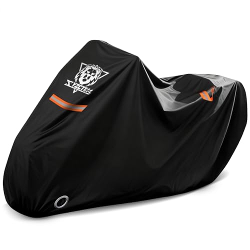 XYZCTEM Motorcycle Cover Waterproof Outdoor All Season Protection Motorcycle Storage Night Reflective Handles with Lock-Holes Storage Bag Fits up to 116" Motorcycle Vehicle Covers, Black