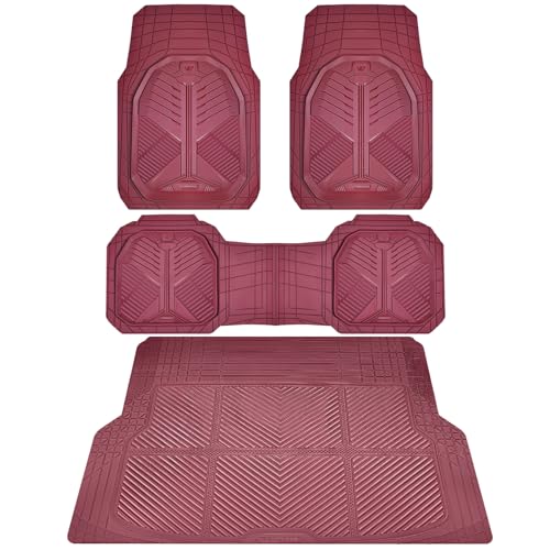 CAR PASS Heavy Duty Rubber Car Mats with Cargo Liner, Deep-Dish Car Floor Mats and Trunk Mat All Weather, Universal Trim-to-Fit for SUVs Trucks Sedans, Waterproof Anti-Slip, Trimmable V12 Burgundy