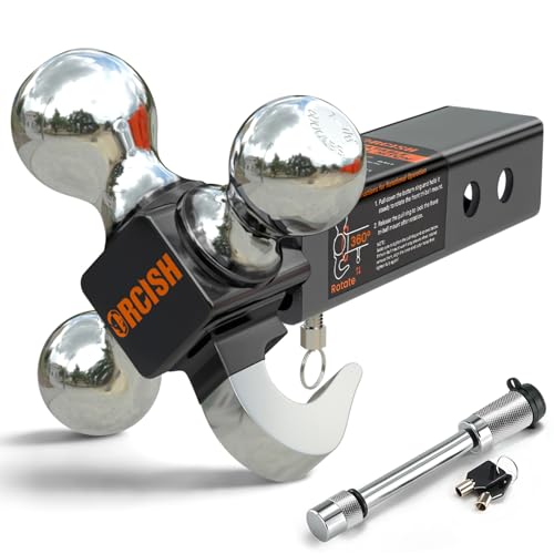 ORCISH 360 Swivel Trailer Hitch, Tri-Ball Mount with Heavy Duty Hook & Anti-Theft Lock, Chrome-Plated Trailer Ball Size 1-7/8", 2" and 2-5/16", Fit 2 Inch Hitch Receiver, Rotating Tow Hitch