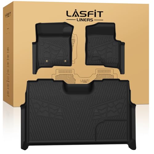 LASFIT Floor Mats for Ford F-150 2011-2014 SuperCrew Carpet Floor Front Row w/Flow-Through Console All Weather Protector TPE Truck Liners, 1st & 2nd Row, 3pcs Black