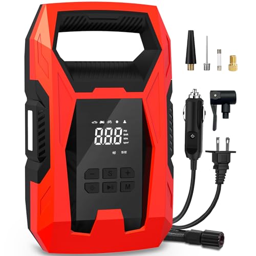 CARSUN AC/DC Tire Inflator Portable Air Compressor, Dual Power for Home 110V AC and Car 12V DC Air Pump with Pressure Gauge, Auto Shutoff, Tire Pump for Car Motorcycle Bike and Other Inflatables, Red