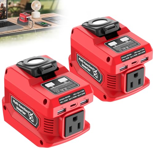 2 Packs 220W Portable Power Inverter Compatible with Milwaukee 18V Battery, DC 18V to AC 110V Battery Inverter, with 400LM LED Work Light, 1 AC Outlet, 2 USB Ports & 1 Type-C, Fast Charging