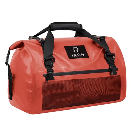 IRON JIA'S Motorcycle Dry Bag - Waterproof Duffle & Luggage Tail Bag Saddle Bags with Roll Top Closure, Shoulder Straps, Inner Pocket and Mesh Pocket (Orange, 50L)