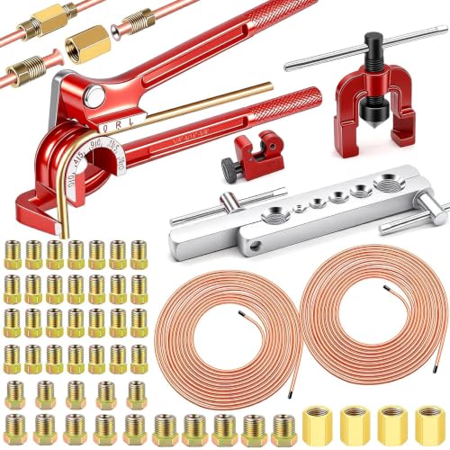 smseace 55Pack 3/16 Inch+3/16 Inch Brake line kit Include 25 FT Copper-Plated Brake Lines with Fitting(32pcs Fittings,4pcs Union+8pcs Nut) Brake line Bender,Single Flare Tool,Cutter Brake line kit