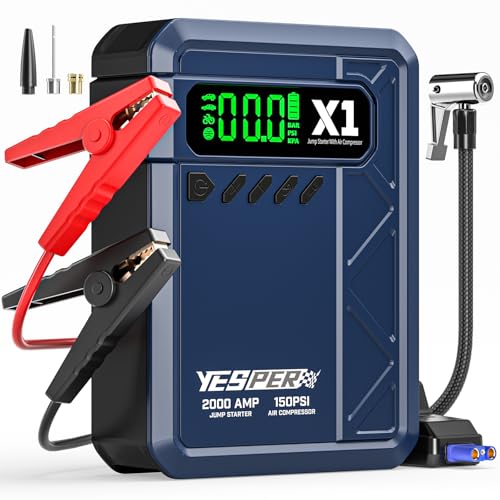 YESPER Jump Starter with Air Compressor 2000A 150PSI Battery Jumper Starter Portable(8L Gas/6L Diesel), 12V Car Jump Pack Battery Charger Jump Box with Jumper Cables, LCD Display, Lights(Blue)
