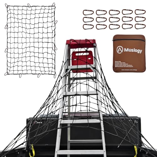 Muslogy Cargo Net Compatible with Pickup Truck Bed Organizer Divider Stretchable 4'x6' to 8'x12' High Elastic Trailer Accessories Storage Bungee Mesh with 14 Metal Carabiners (Upgraded 6mm Latex)