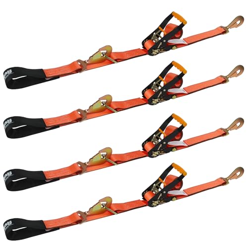 Heavy Duty 4 Pack Axle Tie Down Straps for Trailers-2" x 114" Car Hauler Straps with Snap Hooks-10,000 lbs Break Strength, 3300 lbs Capacity - DOT Certified Wheel Ratchet Tie Downs (Orange)