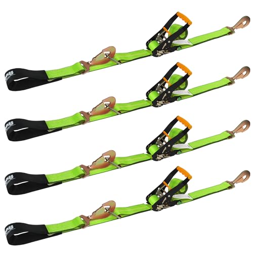 Heavy Duty 4 Pack Axle Tie Down Straps for Trailers-2" x 114" Car Hauler Straps with Snap Hooks-10,000 lbs Break Strength, 3300 lbs Capacity - DOT Certified Wheel Ratchet Tie Downs (Green)