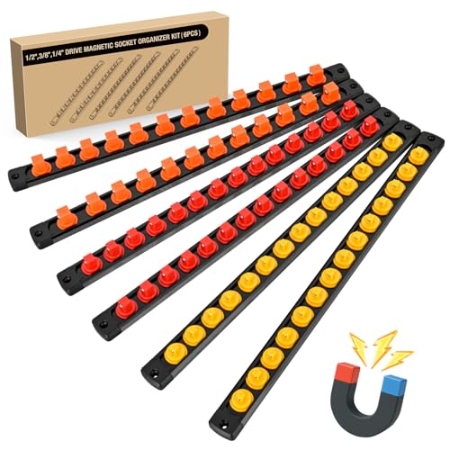 GOOACC Magnetic Socket Organizer 1/4" 3/8" 1/2" Socket Holder Set Heavy Duty Aluminum Socket Rail Organizers for Tool Box Drawer, 6 Pieces Magnetic Socket Rails Holds 80 Swivel Clips Orange Red Yellow