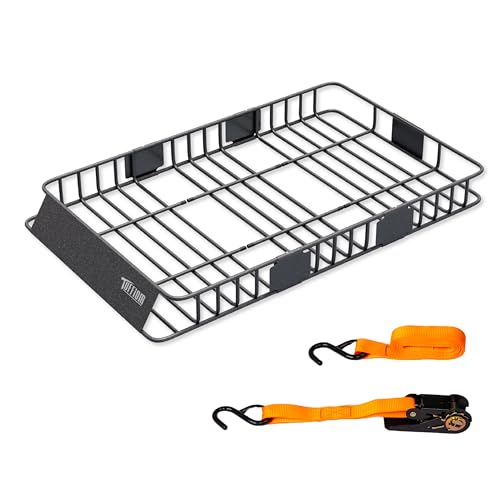 TUFFIOM Universal 64"x 39"x 6" Rooftop Cargo Carrier Basket, Extendable Steel Roof Rack Basket w/2 Straps with Hook, Car Top Rack Luggage Holder Carrier for SUV Car Truck Van